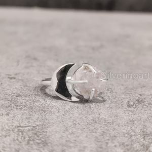 Joyería de piedra áspera de exportación, anillo de mujer, piedra preciosa Natural cruda de cuarzo rosa, piedra natal de abril, luna creciente, anillo de Plata de Ley 925 - Product Image 1