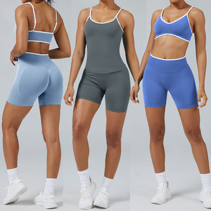 Conjunto de entrenamiento acanalado sin costuras para mujer, Sujetador deportivo sin espalda, botín de motorista corto, conjuntos de entrenamiento de 2 piezas, camisetas sin mangas acolchadas - Product Image 1