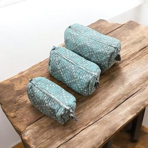 Light Green Handblock Cotton Vintage Case <b>Large</b> Waterproof Machine Washable Travel Cosmetic Pouch Set for Makeup <b>Storage</b> - Product Image 2