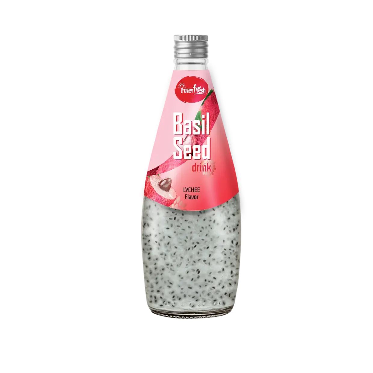 290ml bottiglia di vetro Interfresh o la vostra marca di semi di basilico bevanda con succo di litchi OEM / ODM buon prezzo siamo dal Vietnam