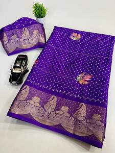 Sari en soie crépon super doux pour femmes, vêtements de fête de mariage de luxe, tissage de zari de designer, bordure Jequrd, indien - Product Image 5