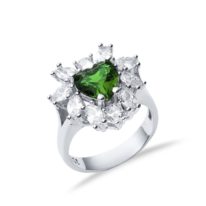 <b>Emerald</b> CZ Stone Heart Shape <b>Silver</b> Cluster Stony <b>Ring</b> Handcrafted 925 Sterling Fine Jewellery Handmade Jewelry - Product Image 4