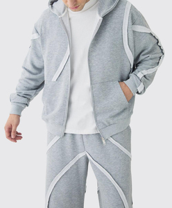 Ensemble survêtement homme personnalisé OEM avec sweat à capuche zippé et pantalon de survêtement, bordure texturée, streetwear oversize, réversible, 2 pièces - Product Image 3