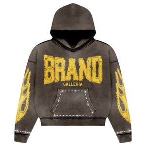 Nuevo diseño de ropa de calle de peso pesado personalizada Sun Faded Acid Wash Cut and Sew Rhinestone Distressed Rip Cropped Hoodie - Product Image 4