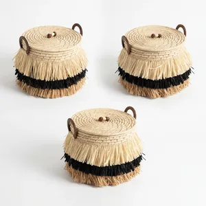 Boîte de rangement et d'organisation ronde en raphia, décoration bohème, avec franges et couvercle pour l'organisation de la maison - Product Image 5