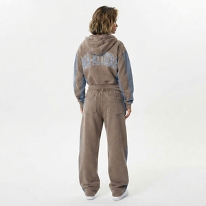 Conjunto Deportivo Personalizado para Mujer, Sudadera Corta con Cremallera en Dos Tonos Marrón y Azul, Pantalones Deportivos Anchos, Venta al Por Mayor OEM - Product Image 2