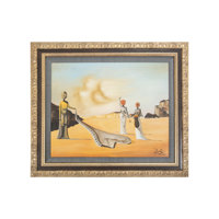 Tapis de Jaipur de style moderne, motif paysager orange mandarine/bleu paon, toile de peinture murale et tapisserie avec cadre