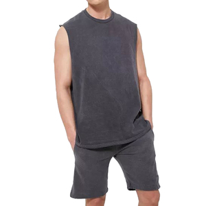 Ensemble décontracté 2 pièces pour homme en tissu peigné, taille mi-haute, débardeur et short, 100% coton, respirant, infroissable, imprimé, style survêtement - Product Image 1