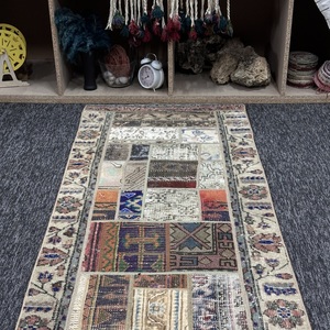 Tapis turc, tapis vintage 2,2x6,6 pieds, tapis en laine beige patchwork arc-en-ciel - Product Image 4