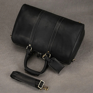 Genuine Leather Foldable Portable Weekender <b>Duffel</b> <b>Bag</b> Black Zipper Closure Travel Shoulder Strap Durable Design - Product Image 4