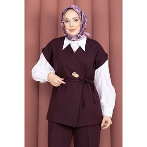 Conjunto Casual de Otoño y Verano, Chaleco con Botones Dorados y Cinturón, Pantalones de Crepé Color Ciruela, Corte Ajustado, Top Corto y Pantalones Cortos - Product Image 2