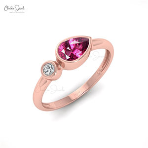 Nouveaux bijoux fins 6x4mm poire taille rhodolite grenat bague empilable 14k or massif diamant accentué bague de mariage Logo personnalisé bijoux - Product Image 2