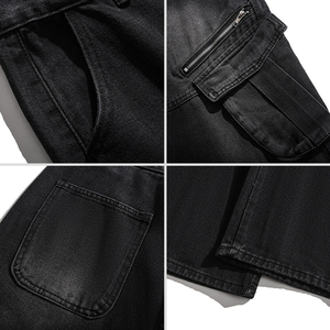 Jeans de travail multi-poches à fermeture éclair personnalisés pour hommes, ample, hip-hop, denim baggy noir avec délavage foncé, style vadrouille au sol à jambes larges - Product Image 3