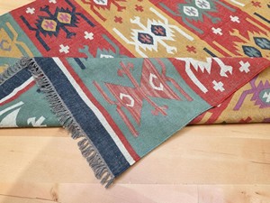 Alfombra Kilim Hecha a Mano con Patrón Geométrico, Tejido Plano de Lana y Acrílico, Rectangular, Reversible, para Sala de Estar, con Base de Yute - Product Image 1