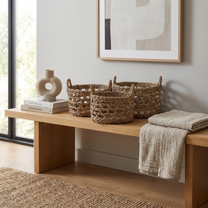 Ensemble de paniers de rangement en jonc de mer tressé à la main, avec panier ovale à treillis ouvert et poignée arche haute, pour décoration et design d'intérieur artistique - Product Image 6