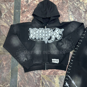 Venta al por mayor de chándal unisex de alta calidad 100% algodón cremallera completa diamantes de imitación bordado sol desteñido lavado con ácido tendencia sol desteñido - Product Image 1