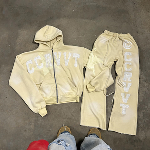 Custom Logo Printing Tracksuit Two Piece <b>Set</b> Hoodie Sweatpants <b>Embroidery</b> Logo Patched Vintage Washed Sun Faded Zip Hoodie <b>Set</b> - Product Image 3