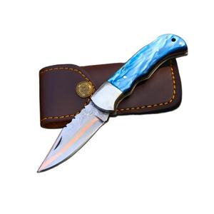 Jexmoo, cuchillo de bolsillo de acero de Damasco hecho a mano OEM personalizado con mango de madera y funda de cuero para regalo de aniversario - Product Image 1