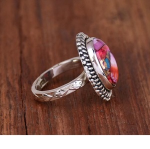 Bague Turquoise Oyster Rose Argent Sterling 925 Oxydé Boho Texturé Bande Filigrane Anniversaire Bijoux - Product Image 3