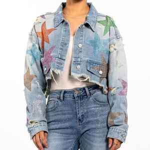 Chaqueta Vaquera de Mujer 100% Algodón, Mangas Cortas y Largas, Moderna, Decoración de Estrellas con Pedrería, Botones Decorativos, Transpirable para Todos - Product Image 3