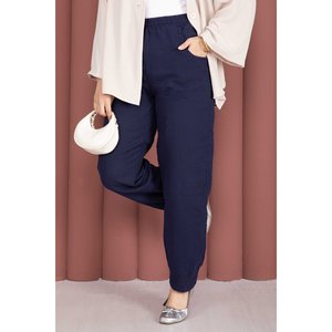 Women's Navy Blue Oxford Muslin <b>Trousers</b> Casual Straight-Leg with <b>Elastic</b> <b>Waist</b> Breathable and Wrinkled XL Size with Pockets - Product Image 2