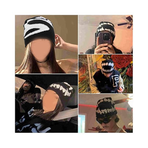 Bonnet en laine mélangée noir à motif graphique, streetwear pour hommes et femmes, bonnet tricoté Y2K, bonnet ample gothique, bonnet d'hiver, mode hip-hop, esthétique - Product Image 3
