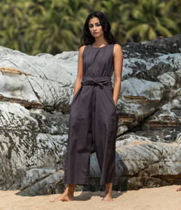 Nuevo Estilo Mono de Lino sin Mangas con Cuello Alto, Largo hasta el Tobillo, Color Sólido, con Cinturón y Bolsillos, Vestido Casual para Mujer - Product Image 3