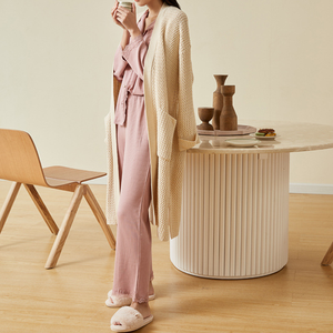 Pijama con ribete de encaje personalizado de fábrica, conjunto de manga larga a rayas, ropa de salón suave, pijama de punto de algodón para mujer, ropa de dormir - Product Image 5