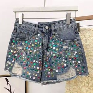 New Custom Made Rhinestones Button High <b>Waist</b> Breathable Nylon/Cotton Solid Color High Quality Women's <b>Jeans</b> Shorts Pakistan - Product Image 2