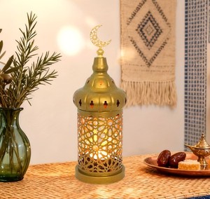 Copper Finish Metal <b>Moroccan</b> Candle <b>Lantern</b> with Crescent Top Intricate Cutwork Warm Glow Elegant Festive Home Decor Gift - Product Image 4