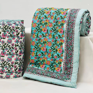 Soft Queen Size <b>Quilt</b> Jaipuri Hand Block Printed Reversible Razai Cotton Handmade <b>Quilt</b> Kantha Blanket <b>Throw</b> <b>Quilt</b> For Sale - Product Image 1