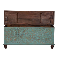 Table basse de salon en bois massif rustique, finition bleu verdâtre antique, bois de mangue sculpté à la main avec coffre de rangement
