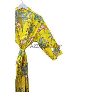 Bata de Baño Kimono Hecha a Mano con Estampado de Tigre Amarillo de la Selva, 100% Algodón, Largo hasta la Rodilla, con Cordón, para Todas las Temporadas - Product Image 3