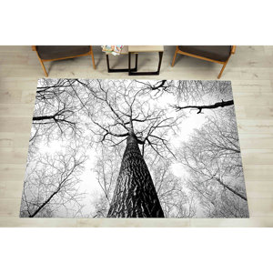 Alfombra de árbol en blanco y negro: Alfombra de entrada con vista al bosque, alfombra suave no tejida - Product Image 2