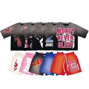 Streetwear Acid Wash Boxy T-shirts Shorts Ensembles Logo Personnalisé 100% Coton Épais T-shirt Boxy Fit Mens Shorts Set - Product Image 3