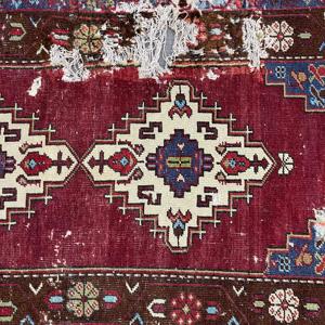 3x6.3 ft Turkish Vintage <b>Wool</b> Rug Eco-Friendly Patchwork Design <b>Red</b> Plants & Trees Pattern Accent Rug with Latex Backing - Product Image 4