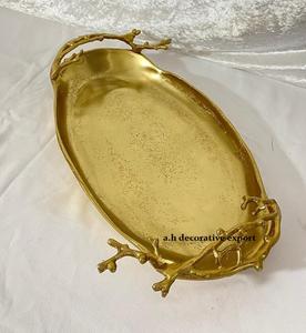 Plateau ovale élégant en aluminium moulé, design brindilles, fait main, doré, décoratif, pour table basse, buffet d'hôtel de luxe, écologique - Product Image 2