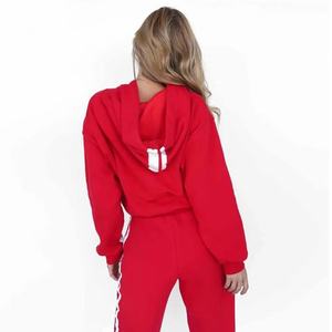 ชุดวอร์มผ้าฝ้ายมีฮู้ดแขนยาวเสื้อลำลองกางเกงออกกำลังกายสีขาวสีแดงมีฮู้ดดีไซน์ใหม่ - Product Image 3