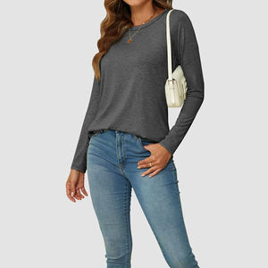 Tops de mujer de manga larga con cuello redondo de algodón 100% personalizados, ropa de calle de talla grande, Camiseta holgada bordada para mujer - Product Image 1