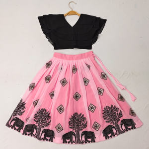 Shoryam Fashion Girls Party Wear Fully Stitched Lehenga Choli-Baby Pink Georgette Floor-Length <b>Skirt</b> <b>Black</b> Ruffle Sleeve Crop - Product Image 1