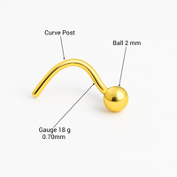 Fourniture d'usine : Piercing de nez en or massif 14K, hypoallergénique, avec boule de 2mm et tige courbée 18G, idéal comme cadeau de fiançailles