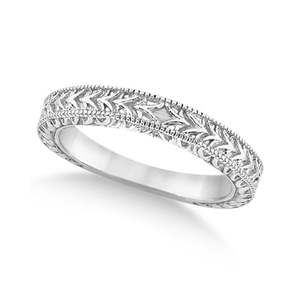 Alliance de mariage antique en or blanc 14 carats, ensemble de bijoux fins avec filigrane gravé et milgrain, taille 4,75 - Product Image 1