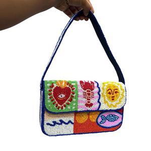Sac à bandoulière bohème perlé avec motif cœur brodé, homard, soleil et poisson, design multicolore à sangle unique - Product Image 1