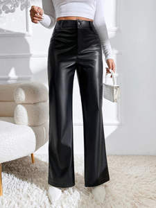Pantalon en cuir pour femme extensible à taille haute conception de mouche à glissière coupe ajustée vêtements de mode modernes et élégants - Product Image 5