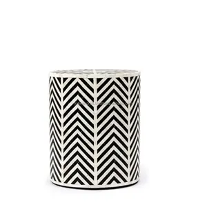 Best Quality Bone Inlay Bed Side Table Striped Design Stool In Black Bone Inlay Side Table From India For Living Room Furniture