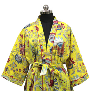 Bata de algodón de alta calidad para mujer, cárdigan largo de Playa, Kimono estampado amarillo, diseño Mukut, ropa de dormir de verano y otoño, grado de exportación - Product Image 1
