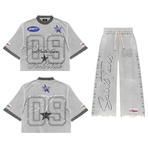 Streetwear Camisetas de gran tamaño y pantalones holgados acampanados con impresión DTF y estampado de diamantes de imitación Con conjuntos de camisetas con logotipo personalizado - Product Image 1