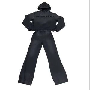 Customized Streetwear Tracksuit OEM Cropped Acid Wash Distressed Rhinestone Sweatpants And Hoodie Set Joggers Zipper Hoodie Set - Product Image 3