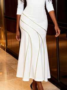 ASK051242 <strong>White</strong> High Waist Gold Stripes <strong>Maxi</strong> Mermaid Women <strong>Skirts</strong> - Product Image 2