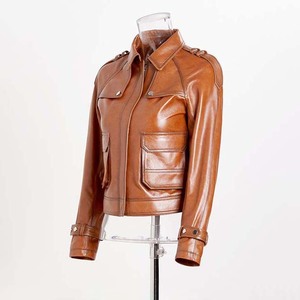 Veste en cuir de mouton véritable pour femmes sur mesure veste d'hiver élégante veste en cuir de moto en tissu tissé de style - Product Image 2